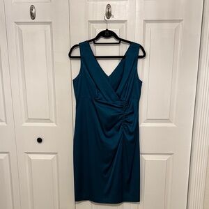 Donna Ricco Teal V-Neck Ruched Midi Dress